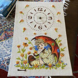 Vintage Embroidered Clock Not Working Handmade 15”